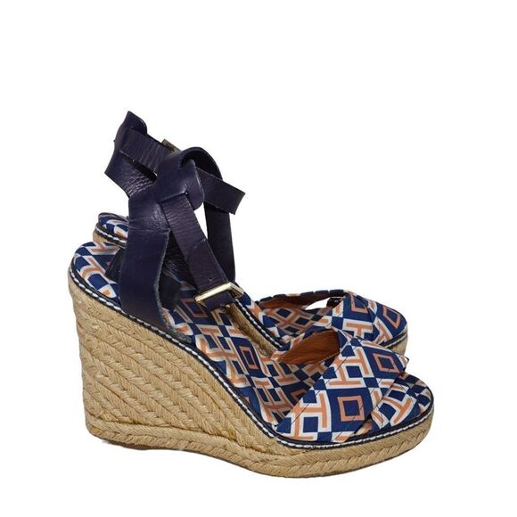 Tory Burch Criss Cross Blue and Orange Espadrille Wedges, Size 8 - Picture 9 of 11